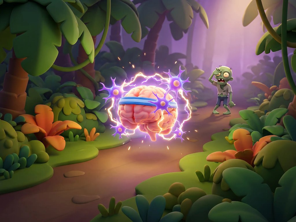 A glowing cartoon brain crackling with electric neurons on a jungle track