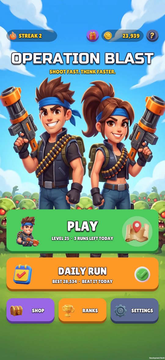 The Operation Blast home screen with both heroes and the PLAY and DAILY RUN buttons