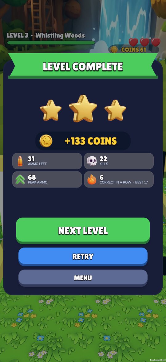 A level complete card with three stars and stat chips